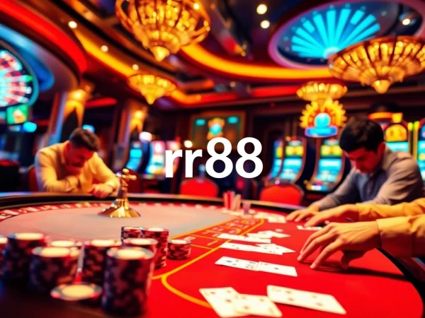 Experience the thrill of rr88 with a vibrant casino scene featuring a poker table and roulette wheel.