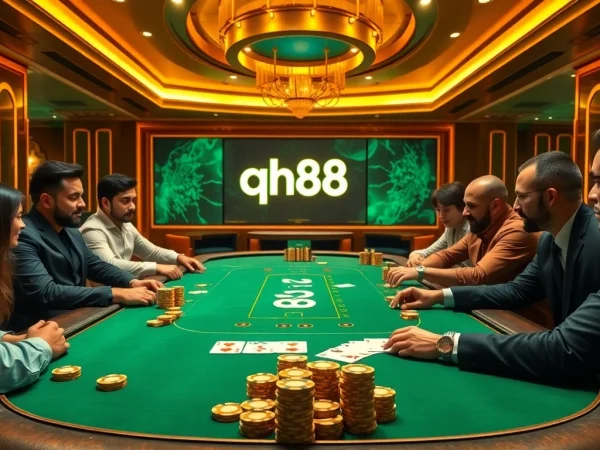 Players at a qh88 poker table immersed in a thrilling game with vibrant casino elements.
