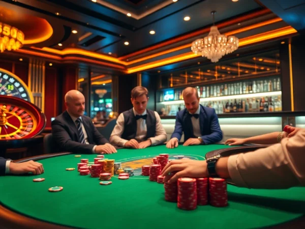 Players enjoying a high-stakes game at 789club casino with vibrant chips and roulette wheel.