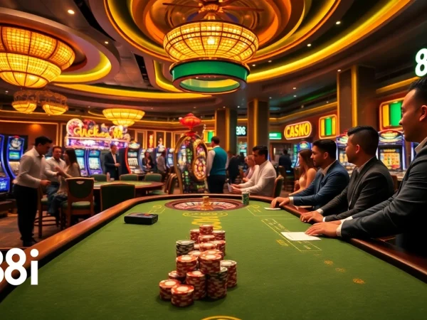 Players enjoying poker at an upscale casino featuring 88i, high-end chips, and dynamic games.