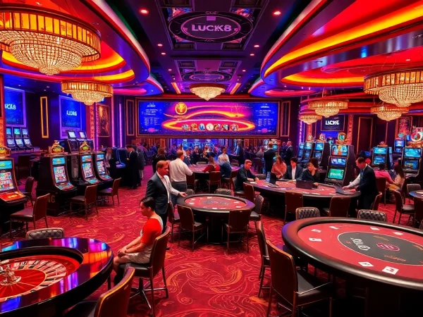 Người chơi casino LUCK8 đang tận hưởng những bàn chơi sôi động với đầy chip, bài và máy đánh bạc.