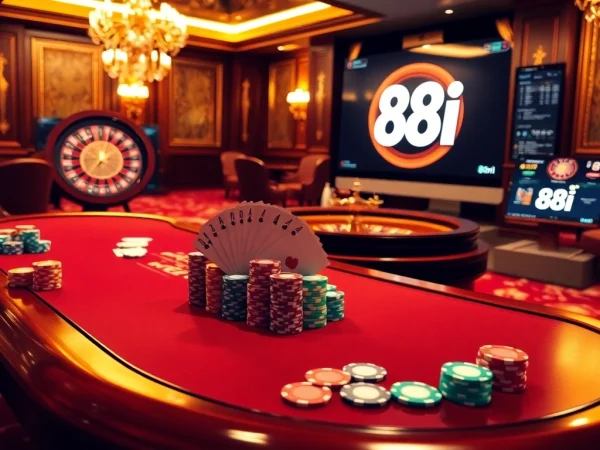 Engage with thrilling online gambling at 88i with colorful poker chips and a luxurious casino table setup.