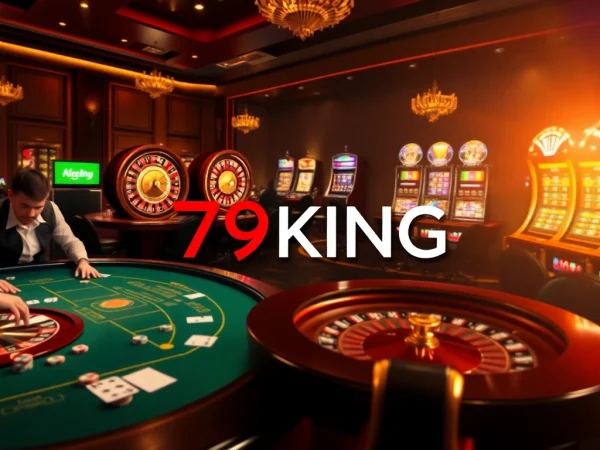 Experience exhilarating gameplay at 79KING with vibrant casino elements like poker chips and a spinning roulette wheel.