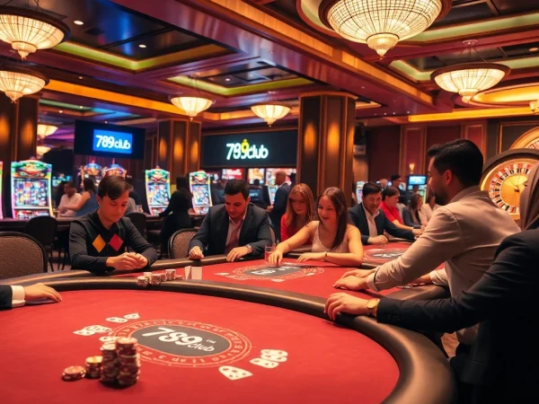 Exciting gameplay at 789club's luxurious casino with vibrant slot machines and poker tables.