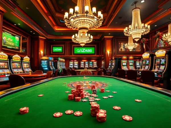 AZ88 gaming scene with poker chips, roulette wheel, and luxury casino ambiance.