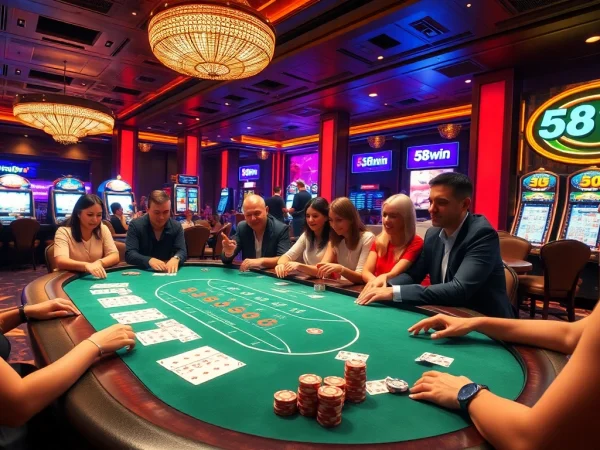Players enjoying a thrilling poker game at 58win casino with vibrant atmosphere and lights.