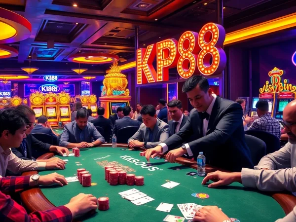 Players engage in an intense poker game at KP88, surrounded by colorful chips and slot machines.