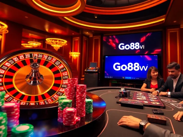 Engage with lively online gambling at Go88vn featuring exciting casino tables and vibrant poker chips.