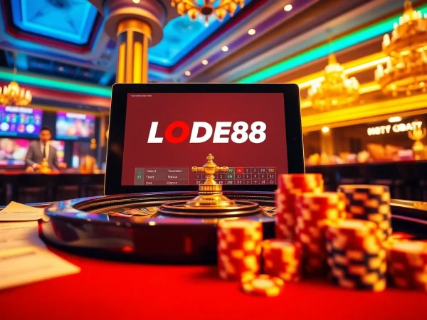 Experience LODE88's thrilling online gambling interface with an elegant casino backdrop.