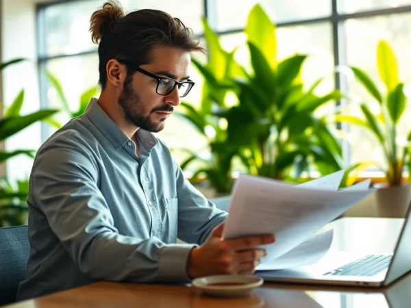 Professionelle Personalvermittlung mit einem Berater, der Lebensläufe in einem modernen Büro überprüft.