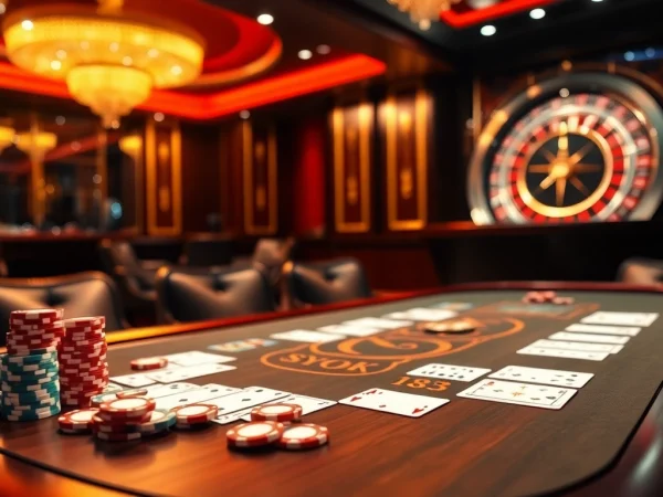 Engaging scene at a KP88-themed casino table showcasing vibrant poker chips and elegant cards.