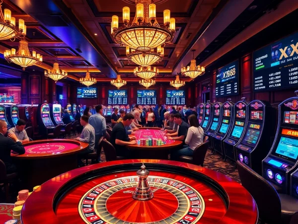 Players enjoying a thrilling gambling experience at XX88, showcasing roulette, poker, and slot machines.