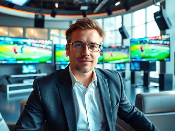 Engaging sports broadcasting analysis in a modern studio environment with vibrant visuals.