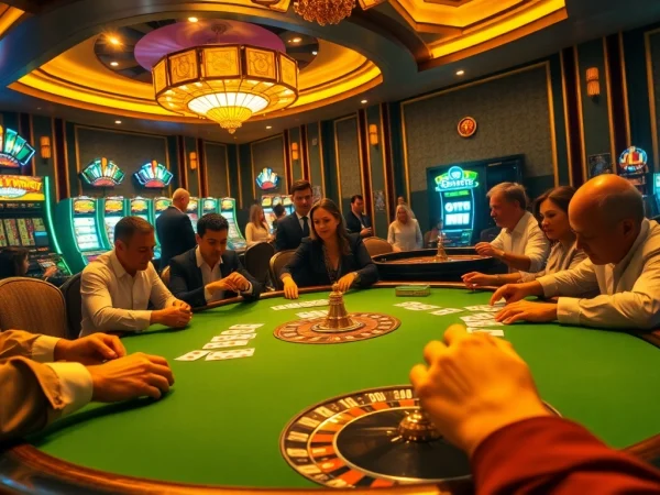 Experienced gamblers placing bets at a luxurious poker table in 33win casino.
