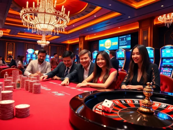 Gambling environment showcasing excitement at xin88 with poker tables, roulette wheels, and slot machines.