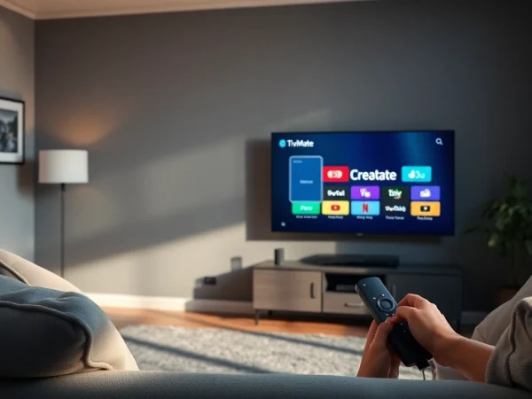 TiviMate interface on a modern TV screen within a cozy living room setting showcasing innovative IPTV streaming.