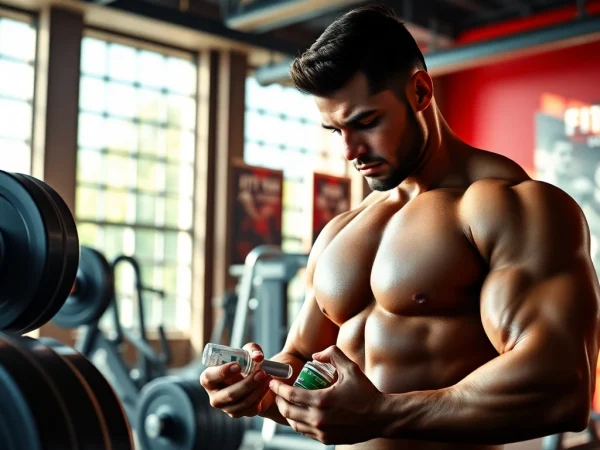 Der trenbolon preis zeigt eine muskulöse Person in einem Fitnessstudio mit Gewichten.