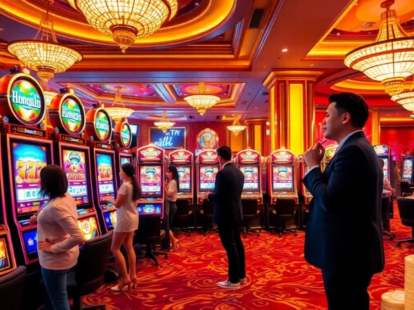 Experience the thrill of nổ hũ jackpot slots in a luxurious casino setting with excited players.