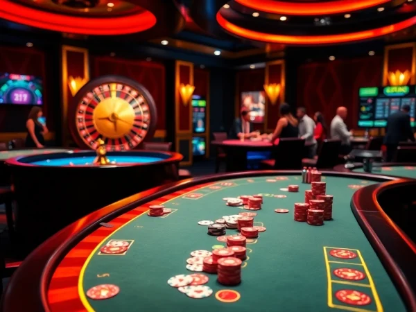 Experience thrilling gameplay at F8 BET with vibrant casino tables and an engaging roulette wheel.