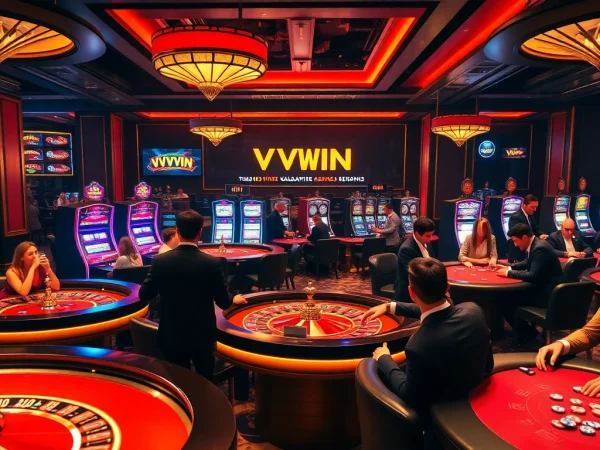 Excited players engaging in luxury gameplay at VVVWIN casino, showcasing roulette tables and vibrant slot machines.
