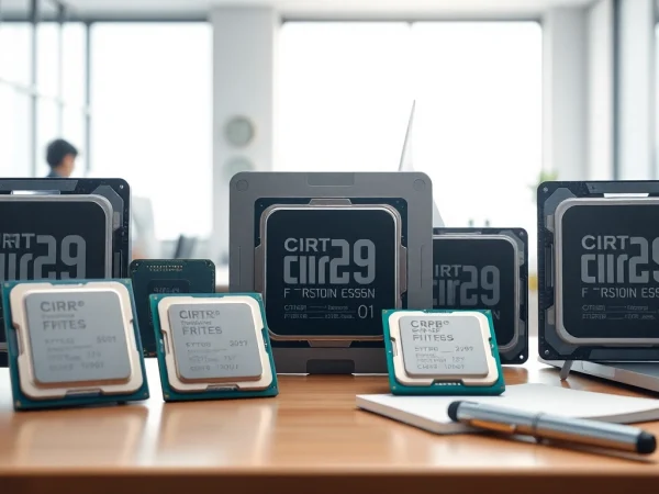 Prozessor Vergleich zwischen verschiedenen Modellen auf einem modernen Schreibtisch mit Details der technischen Spezifikationen.