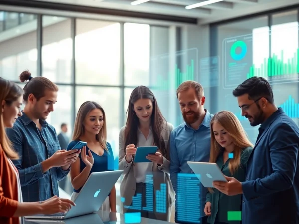 Internet Trends werden durch eine diverse Gruppe von Fachleuten in einer modernen Umgebung analysiert.
