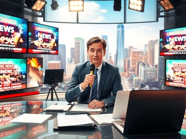 Aktuelle Meldungen von einem engagierten Journalisten in einem lebhaften Nachrichtenbüro präsentieren.