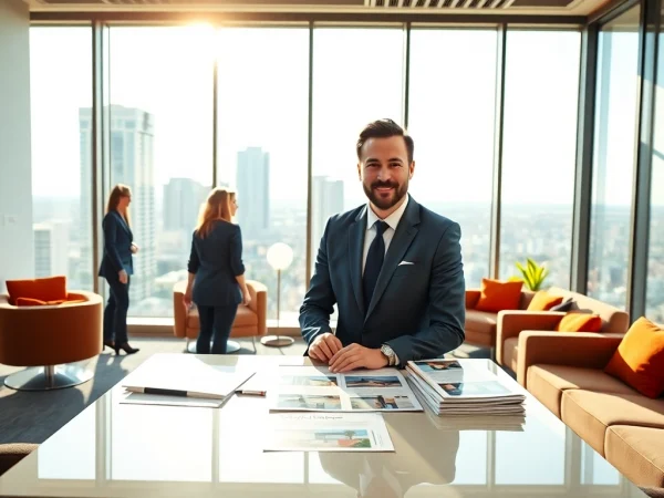 Immobilienmakler Frankfurt Dornbusch berät Kunden in modernem Büro mit Stadtblick.