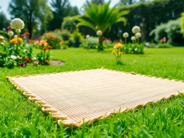 Hanfmatte auf weichem Grassboden, umgeben von bunten Blumen und Bäumen.