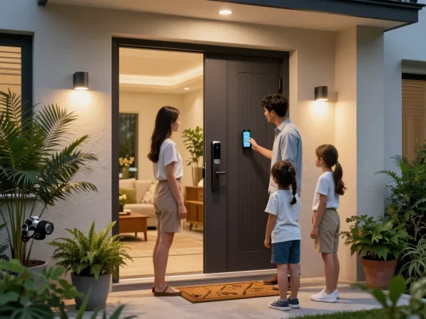 Goliath Türsprechanlage präsentiert am modernen Hauseingang, Familie interagiert mit dem Smart-Intercom.