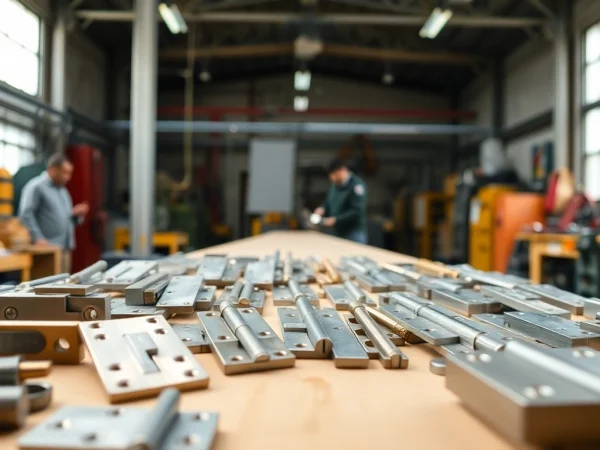 Professioneller Hinge Supplier präsentiert verschiedene hochwertige Scharniere in einer industriellen Werkstatt.