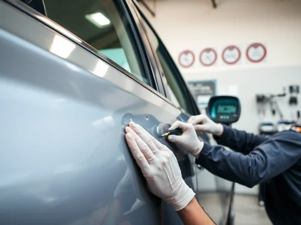 Dellenreparatur München: Fachmann bei der professionellen Dellenentfernung von einem Fahrzeug.