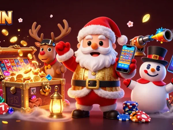 Experience the excitement of 78WIN with Santa, reindeer, and a snowman in an action-packed casino scene.