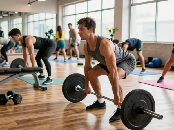 Muskulöser Einzelner, der Gewichte in einem hellen Fitnessstudio bei Steroidshop hebt und Stärke sowie Entschlossenheit zeigt.