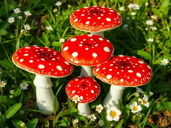 Amanita muscaria kaufen: Auffällige rote Kappen mit weißen Punkten in einem üppigen Wald Hintergrund.