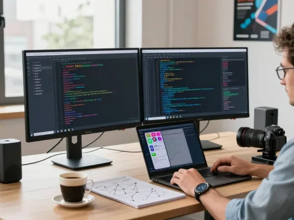 Professional at a tech workspace managing Smart DNS Anbieter services with dual monitors and coding tools.