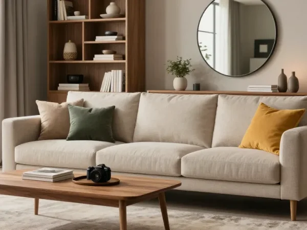 Stilvolles Wohnzimmer mit modernen Möbeln aus einem Möbel Shop online, das helles Tageslicht und dekorative Elemente präsentiert.