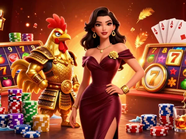 Engage in ทดลองเล่นสล็อต with a glamorous gaming scene of a woman and a rooster warrior amidst vibrant slots and chips.