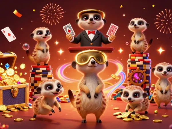 Engaging illustration showcasing best payout online casino with meerkats managing a vibrant casino operation.