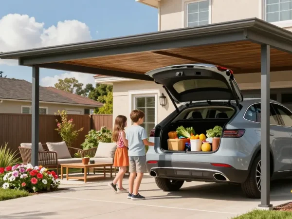 Moderne Carport-Szene mit einem Fahrzeug und Familie, die Einkäufe aus dem Kofferraum ausladen.