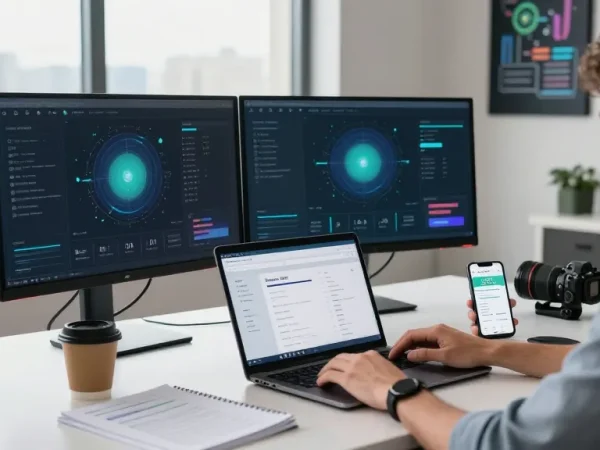 Smart DNS Anbieter setup featuring laptops and monitors in a modern tech workspace