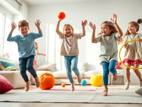 Begeisterte Kinder spielen drinnen Bewegungsspiele, mehr dazu lesen fuer kreative Ideen.