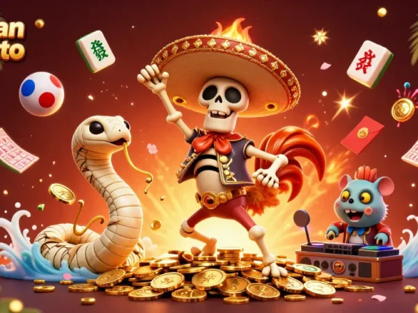 Keluaran Hk Lotto showcases a lively 3D illustration with a festive skeleton rooster and vibrant game elements.